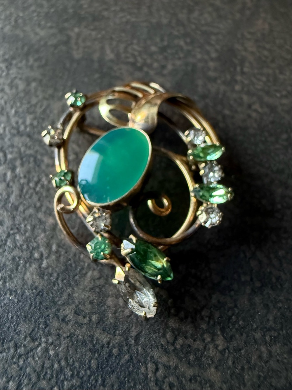 Vintage Carl Art Gold Brooch with Green Cabochon and Rhinestone Accents